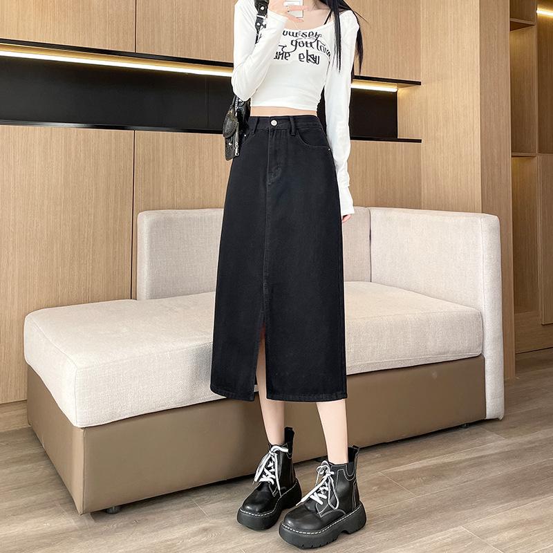 

Женская черная джинсовая миди-юбка с разрезом и высокой талией - Весенний А-силуэт, облегающий дизайн L: 155-165CM (109-120 lbs)