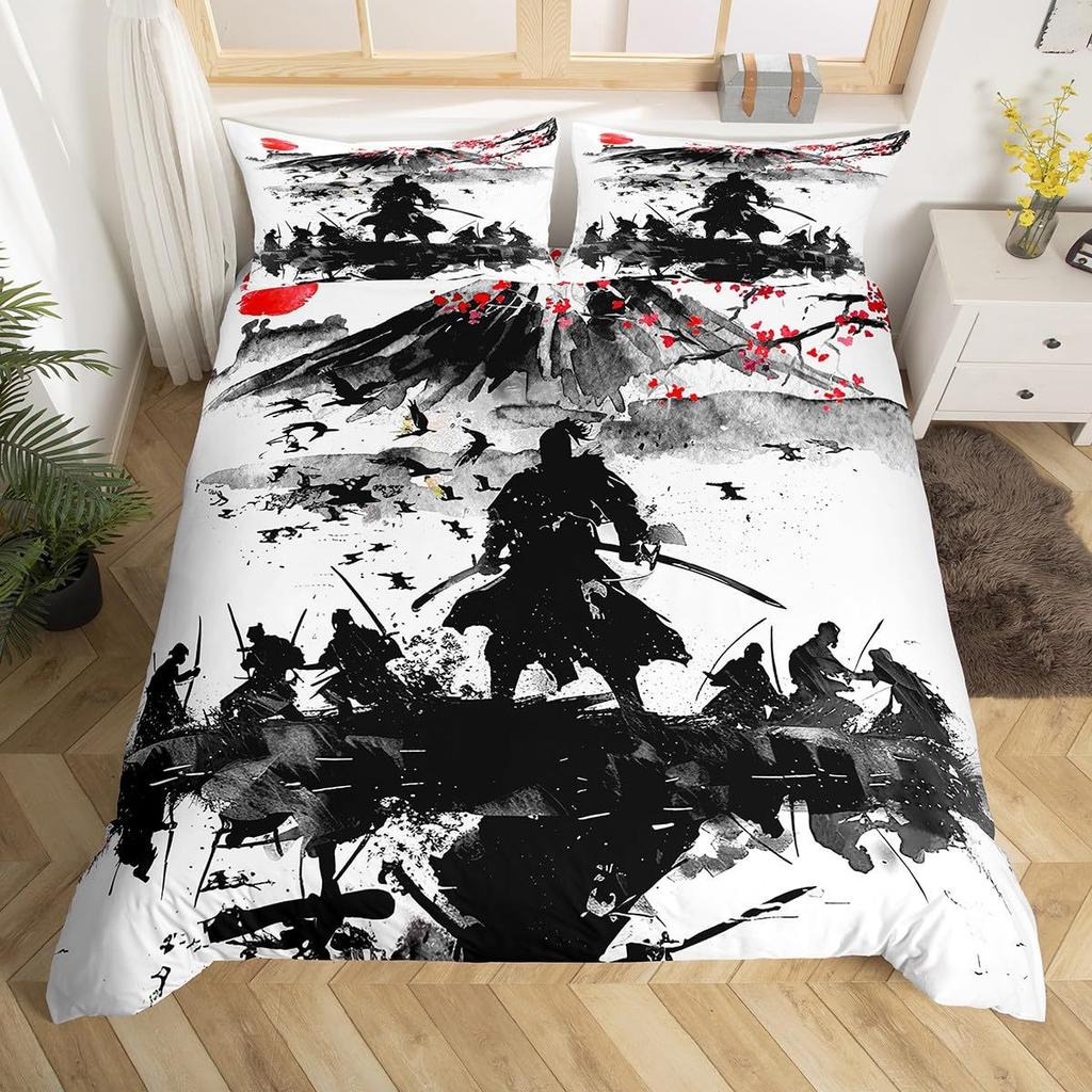 Japanese Samurai Duvet Cover Pillowcase 3D Pattern Sakura Mount Fuji Bedding Set Adult Bedroom Decoration Single Double Large