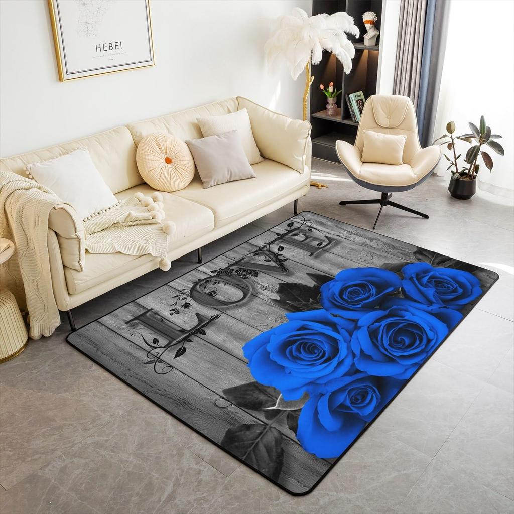 Blue Rose Flower on Black Background Non Slip Mat Area Rugs Floor Carpet for Kitchen Bedroom Living Room Decoration for Kids