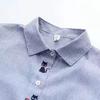 Camisa de Lapela Feminina de Primavera Bordada de Comprimento Médio Listrada de Manga Comprida