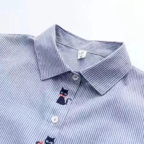 Jarní dámská klopová košile s vyšívaným vzorem, středně dlouhá pruhovaná košile s dlouhým rukávem