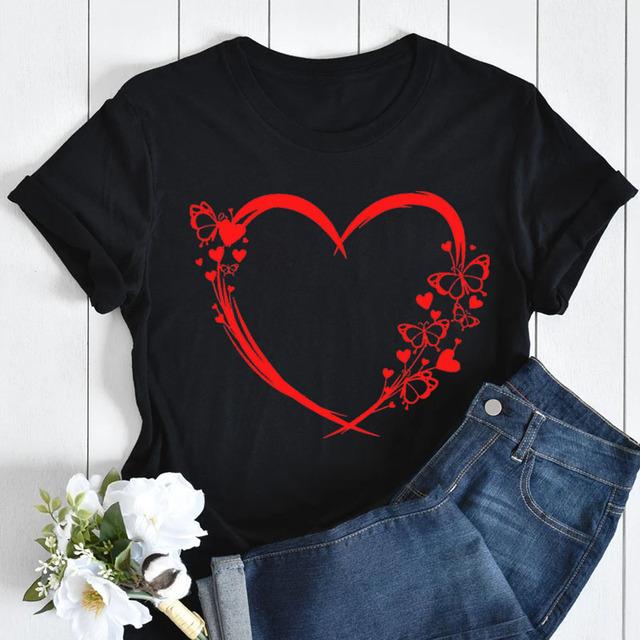 Butterfly Love Heart Print T Shirt Women Fashion Black T Shirt Female Short Sleeve Cute Graphic Tee Shirts Ladies Summer Tops