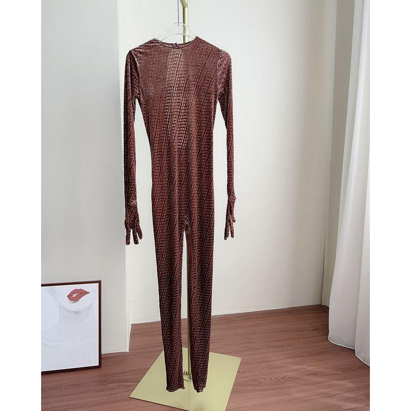 

Kardashian Original Mesh Flocking Classic Logo Jumpsuit High Elastic Tight Long Sleeves Pants Can Be Outwear Base Clothing Dark Brown foot-free (printed sample label) XL