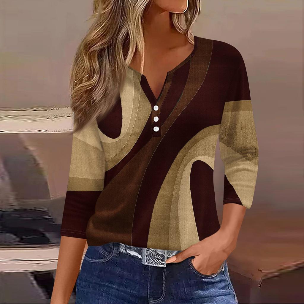 Ladies Casual Fashion V-neck Loose Versatile Floral Print Three-quarter Sleeve Top