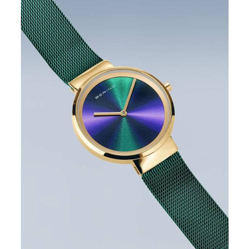 BERING Women's Quartz Watch, Green and Gold, Stainless Steel, Mesh Strap, Japan Exclusive, 19031-828, Officially Imported, 3-Year Warranty, Scratch-Re