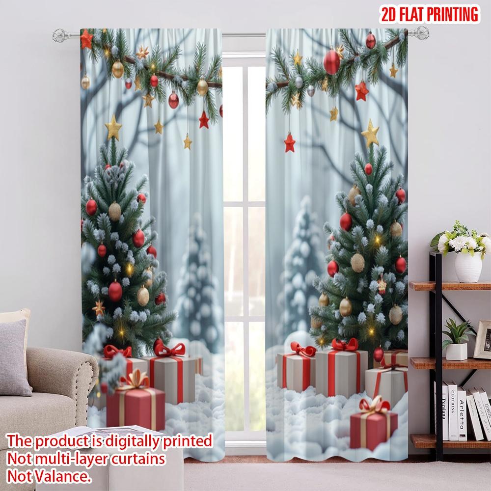 

2pcs 2D flat printing Christmas Scene Curtain Red pendant White snow Polyester Fabric Without Electricity Party & Holiday Decor 100*130 HOOK 1pcs