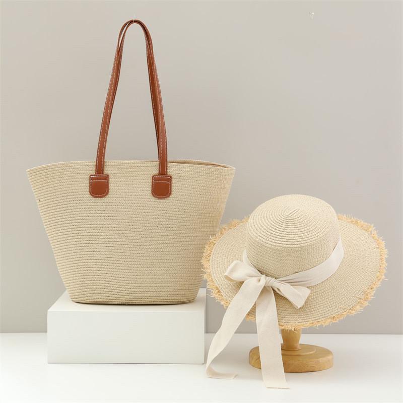 Set Cappello di Paglia e Borsa Tote Con Protezione Solare per Spiaggia e Attività all'Aperto