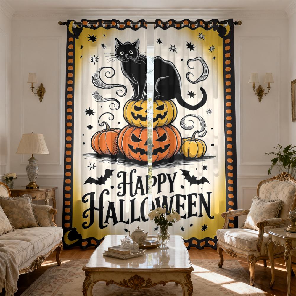2pcs black cat pumpkin Halloween happy print curtains holes light blocking living rooms bedrooms home decorations