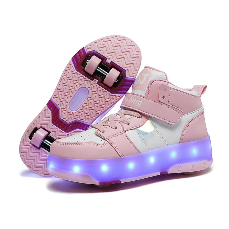Girls Pink Roller Skate Shoes Sneakers With Wheels Children Rollerskates Fashion Outdoor Sports Shoes Girls Gifts