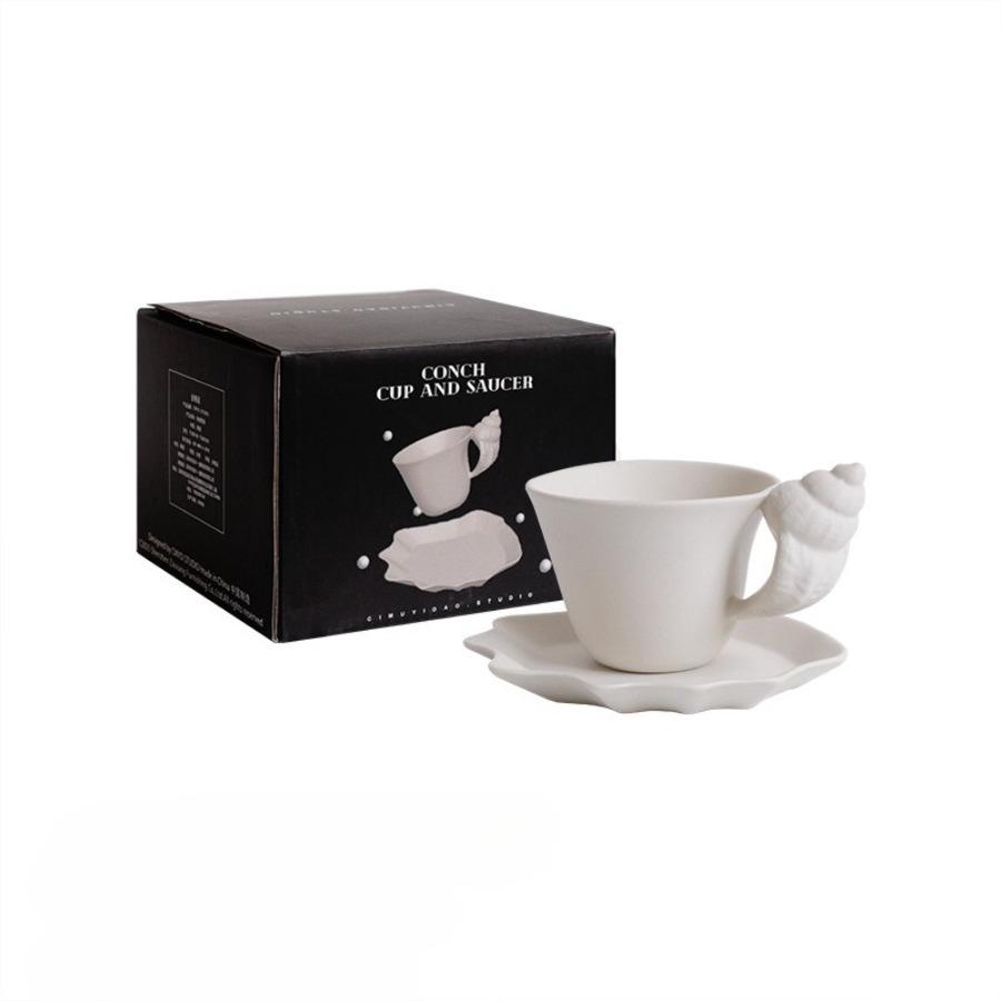 

Home French Conch Mug Coffee Shop Matte Ceramic Coffee Cups Retro Relief Shell with Cup Plate Set Mate Pair Cup Gift Tea Cup 230ML