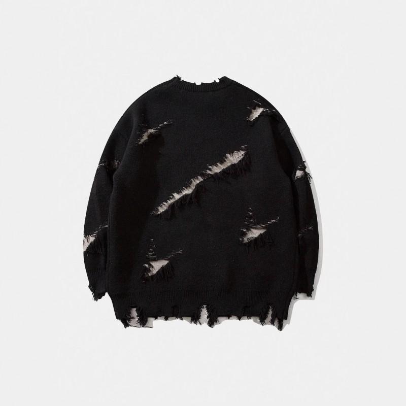 Unisex Oversized Streetwear Sweater Vintage Jacquard Distressed Crewneck Long Sleeve