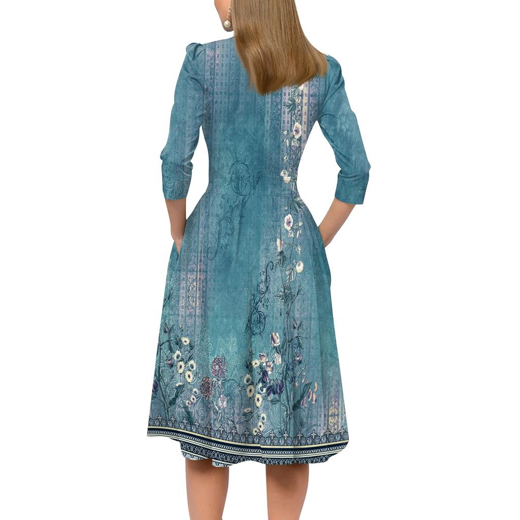 Women's Casual And Fashionable 3/4 Sleeve Pocket With Back Zipper Dress
