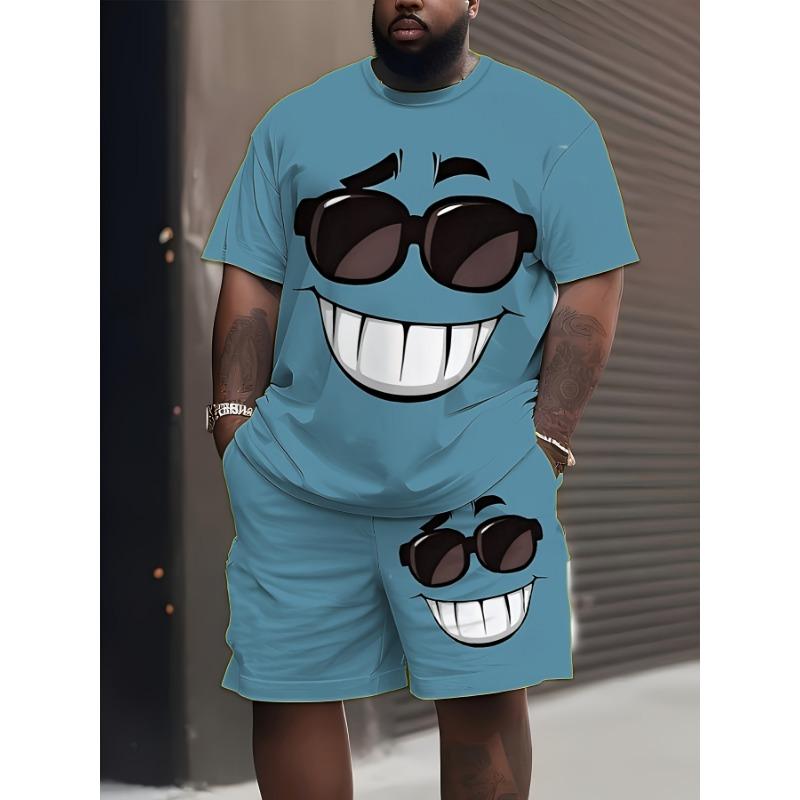 Große Größe neuer Sommer Herren Kurzarm-Shorts-Anzug [bedrucktes Design - keine Textur] Sommer Herren Kreatives Cooles Glückliches Muster Bedruckter Anzug