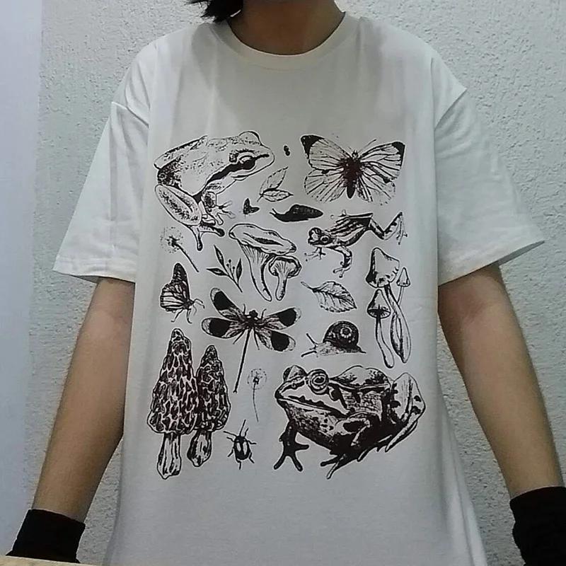 Süßes Cottagecore Ästhetik Frosch Pilz Druck Shirt Mode Damen Street Große Größen T-Shirts Lässig Kurzarm Grafik Tops