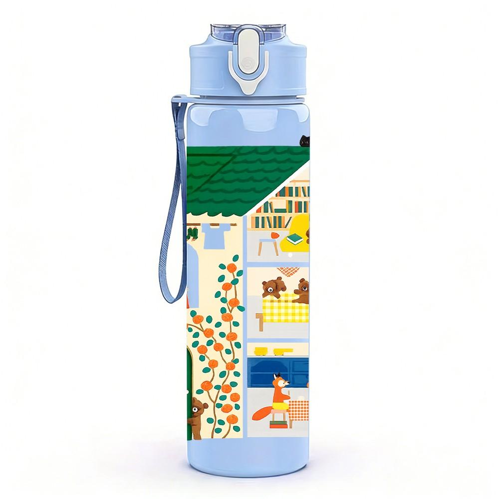 1PC Green Frame House Print 750ml Color Plastic Sports Water Bottle Leakproof Flip Straw Lid Suitable for Sports Office Home Use
