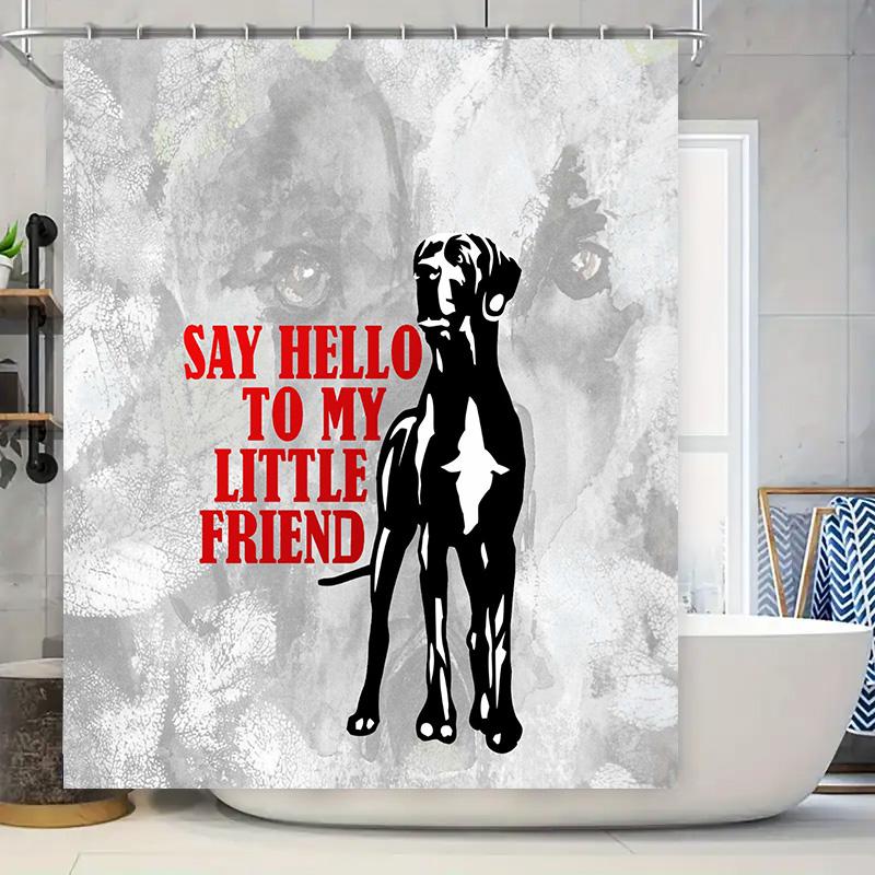 

Welcome Your Little Friend: Modern Bathroom Decor Shower Curtain With Dog Silhouette Design In White Red Colors For Home Decorat W60H190(CM)-1 Pcs