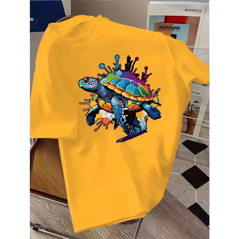 European sizes ' Short Sleeve T-Shirt with Sea Turtle & Splash Print - White ' Casual Summer Top, Breathable Round Neck Tee for Beach