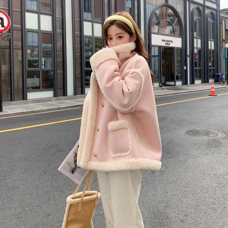 Women's 2025 Autumn Korean Style Lambswool Biker Jacket - Faux Suede, Fleece-lined, Thickened, Loose Fit