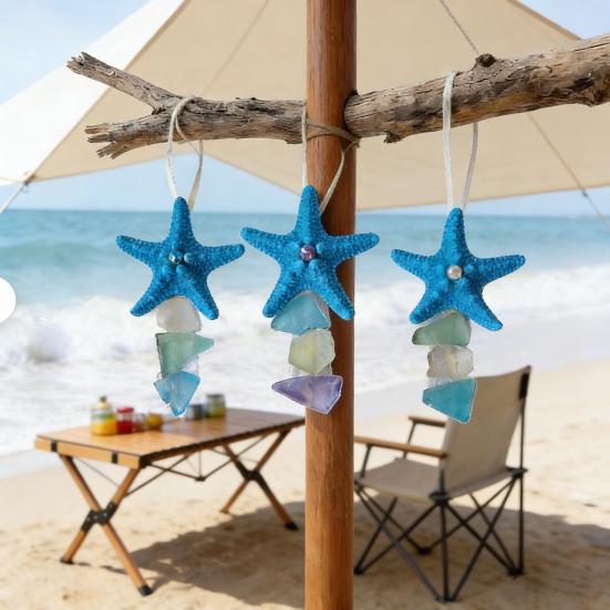 3Pcs Seaglass Hanging Decoration Handmade Bohemian Coastal Nautical Starfish Sea Glass Art Home Office Beach House Wall Ornament Pendant