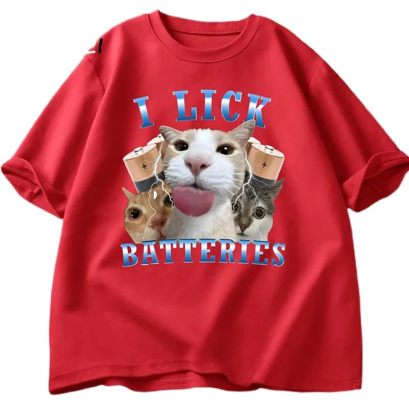 Lecco le Batterie Grafica Divertente di Gatto Magliette in Cotone Manica Corta Girocollo T-shirt Moda Casual Maglietta da Uomo Manica Corta Estate