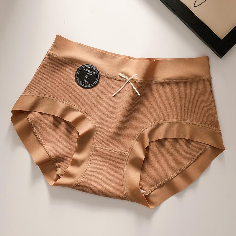 Womens Mid Waist Ribbed Cotton Briefs M коричневый