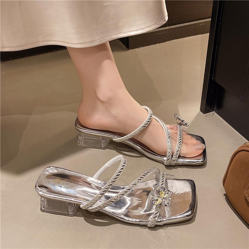 Fashion New Fashion Silver Crystal Bowknot Slipper Summer Outdoor Sandal Women Square Low Heel Beach Slip on Flip Flop Slides Shoes Size