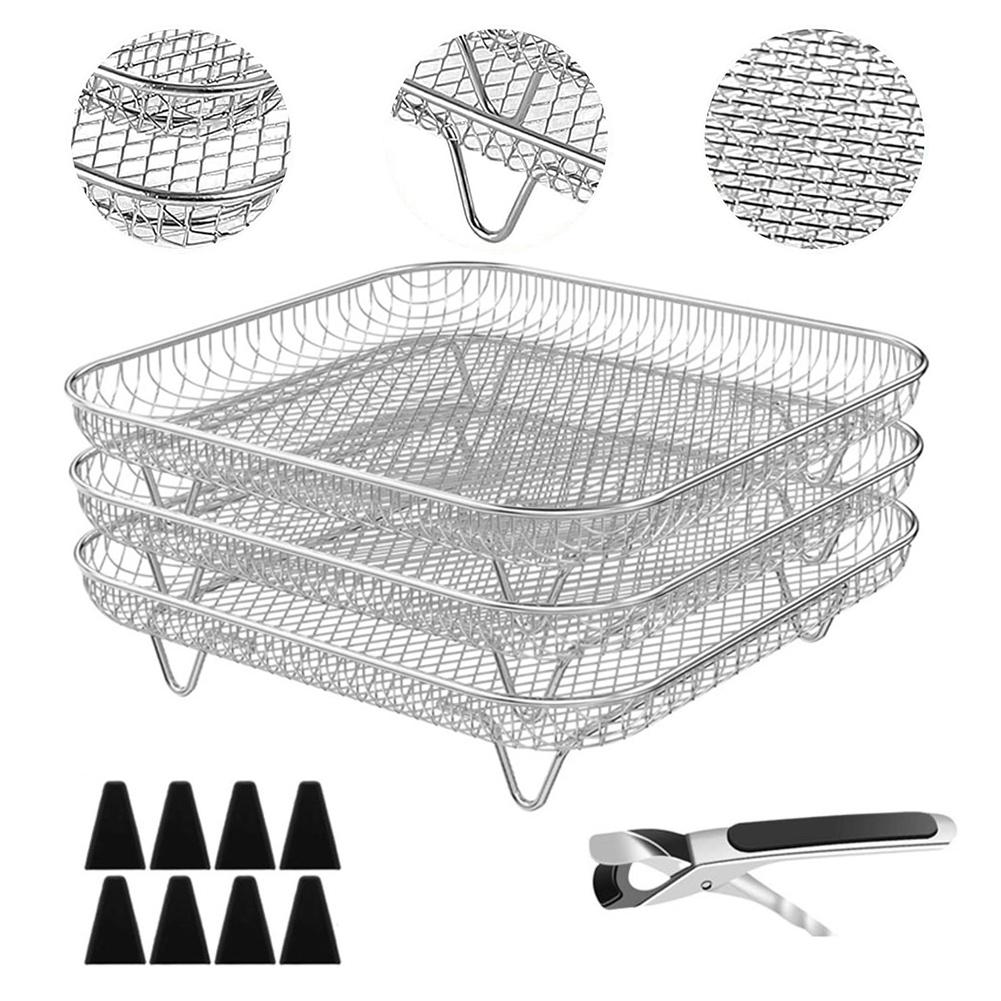 Stainless Steel 3 Layer Dehydrator Rack Set for Air Fryers with Silicone Feet and Oil Brush for Convenient Cooking