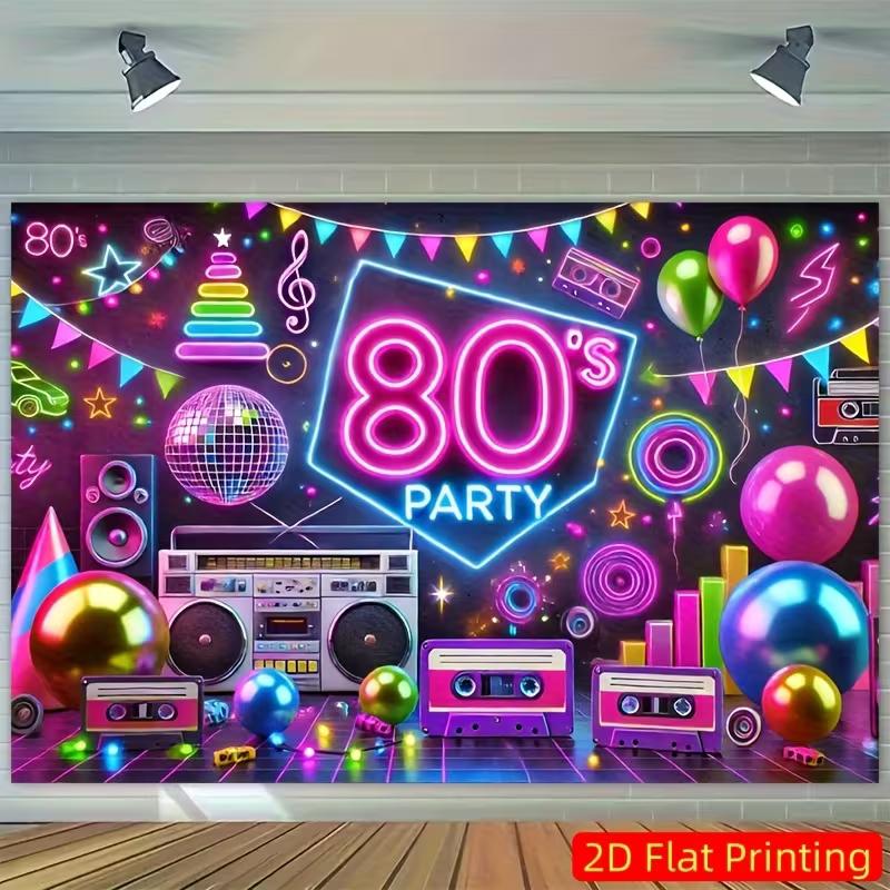 2D 80er Jahre Party Banner, Neon Boombox & Discokugel Hintergrund