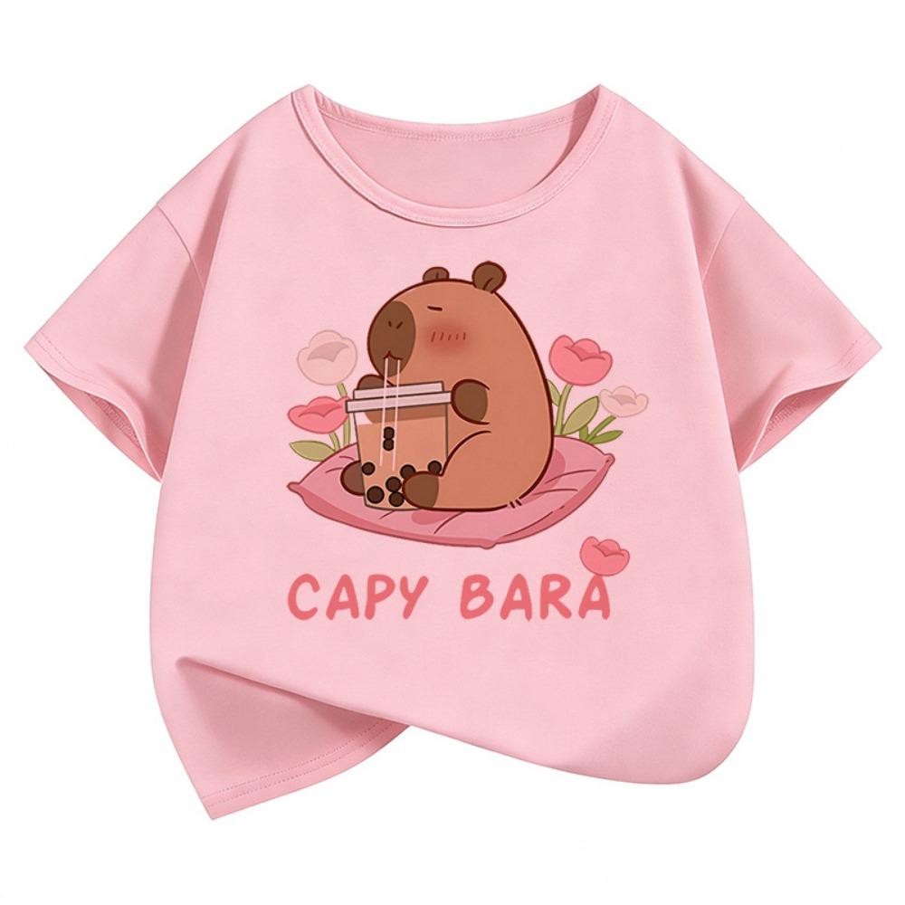 Kawaii Capybara Kids Tshirts Summer Short Sleeve Tees Cartoon Animal Boys Girls Clothes Kawaii Tops Y2K Children T-shirt