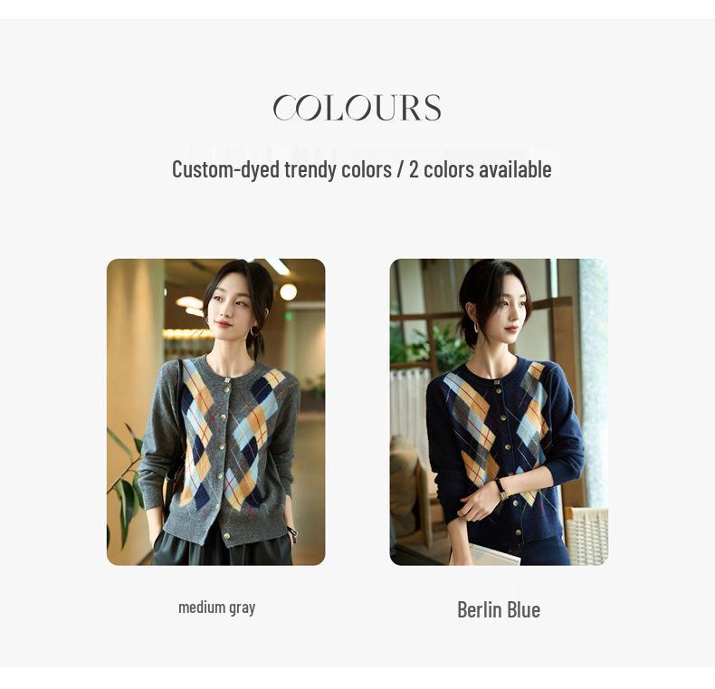 Cardigan da Donna in Cashmere Color Block Girocollo - Moda Autunno/Inverno Maglione Lavorato a Maglia a Scacchi a Rombo