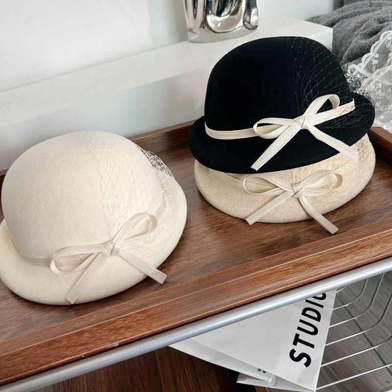 1pc Wool Beret Silk and Linen Bow Small Brim Mesh Top Hat Versatile Socialite Painter Hat