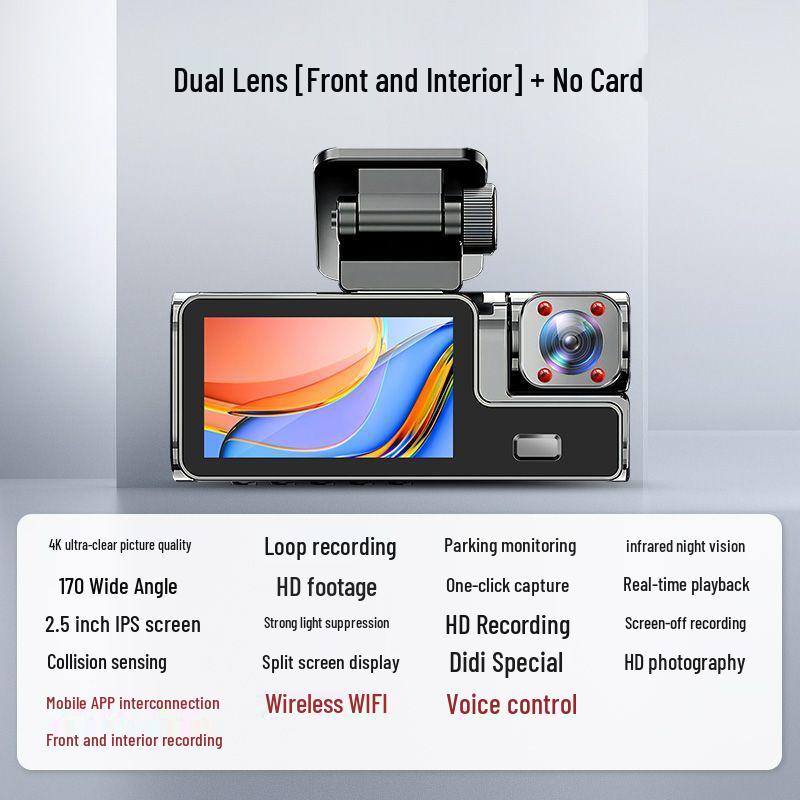 

360° Panoramic Night Vision Dash Cam with Triple Recording and No-Wire Reversing Feature Voice Control - Dual Lens: Front, Inside