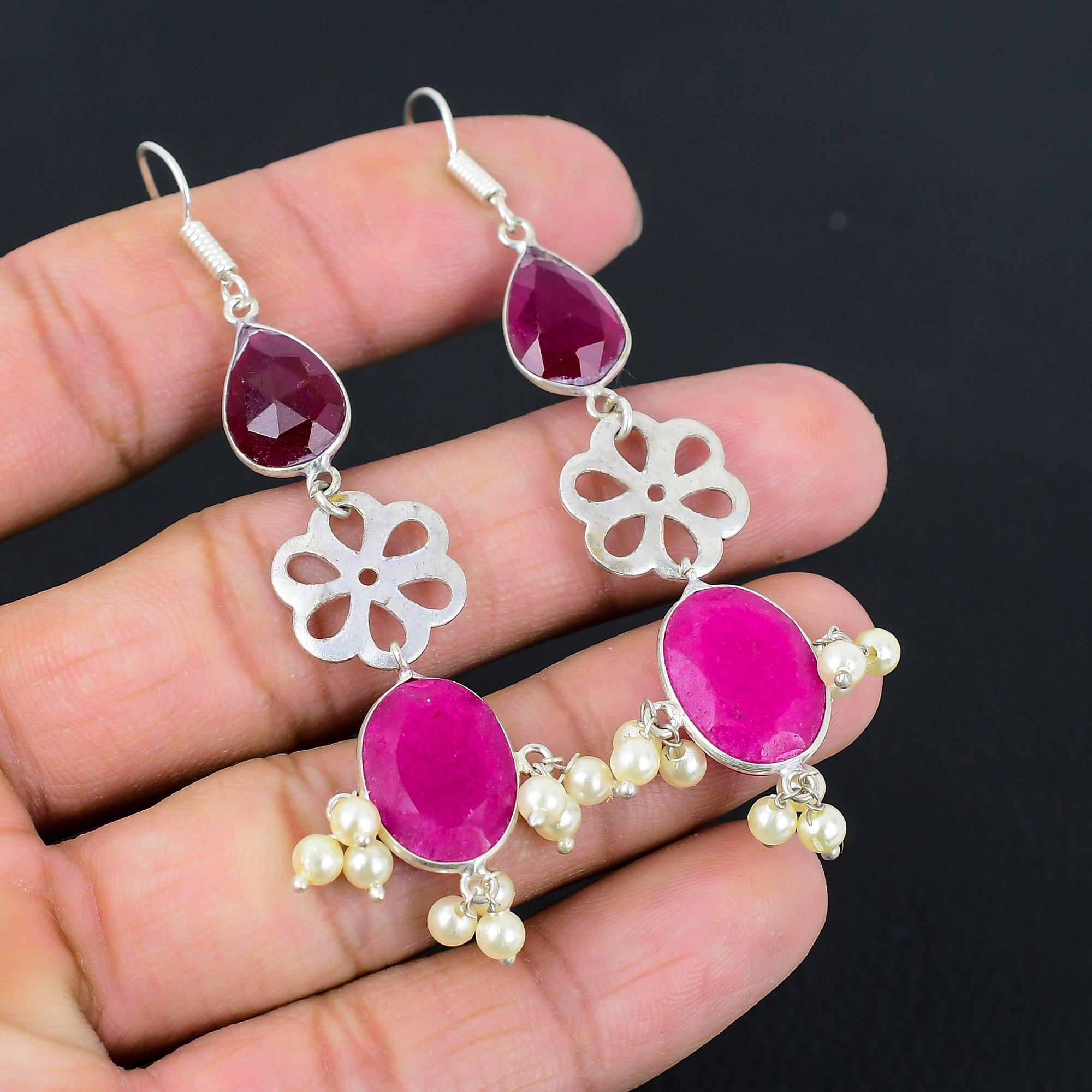 

Kashmir Ruby Stone Sterling Silver Art Deco Anniversary Dangle Earrings Jewelry
