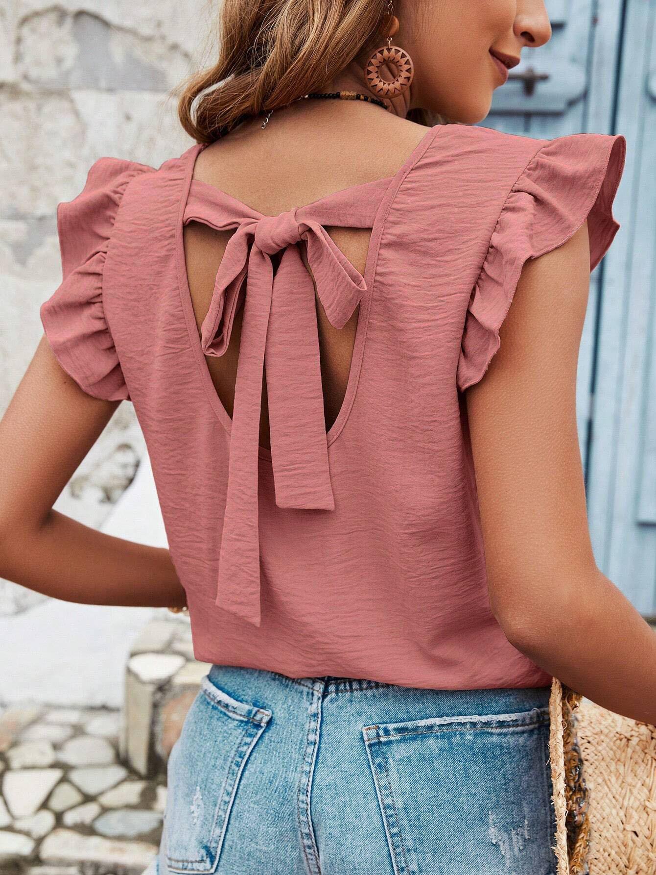 Women S Solid Color Round Neck Sleeveless Sweet Top With Ruffle Bow S