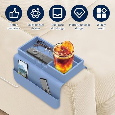 Sofa Armrest Tray Silicone Sofa Armrest Rest Shelf with Side Pocket Dual Slot Anti-Slip Sofa Cup Holder for Remote Control Snack