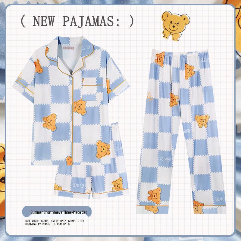 Pastoral Women's Pajama Set: Soft, Cute Rabbit Design, Short-Sleeve, Casual Three-Piece Loungewear.
