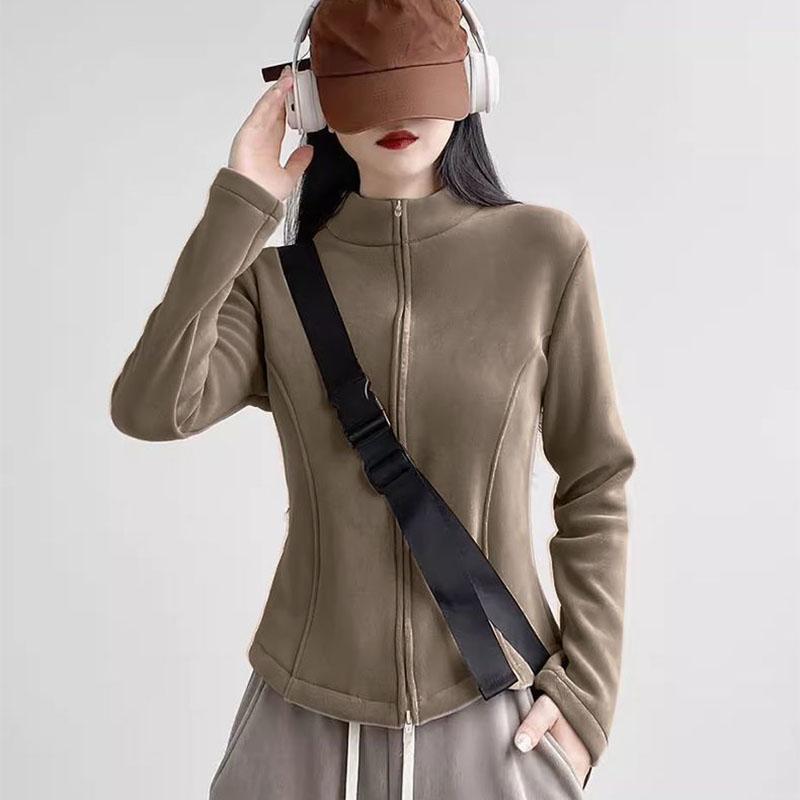 Women Stand Collar Fleece Jacket Lady Girls Zip-up Sport Style Yoga Jacket Solid Cardigan Jacket