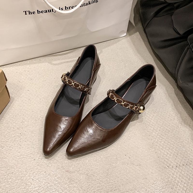 Fashion Autumn New Coarse Heel Shoes Women's Fashion Pointed Head Shallow Mouth Metal Line with Low Top Shoes
