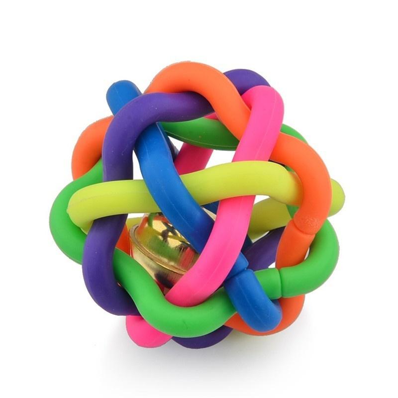 Buntes rundes Kauspielzeug für Hunde und Katzen aus Gummi mit geknotetem Ball und Glocke