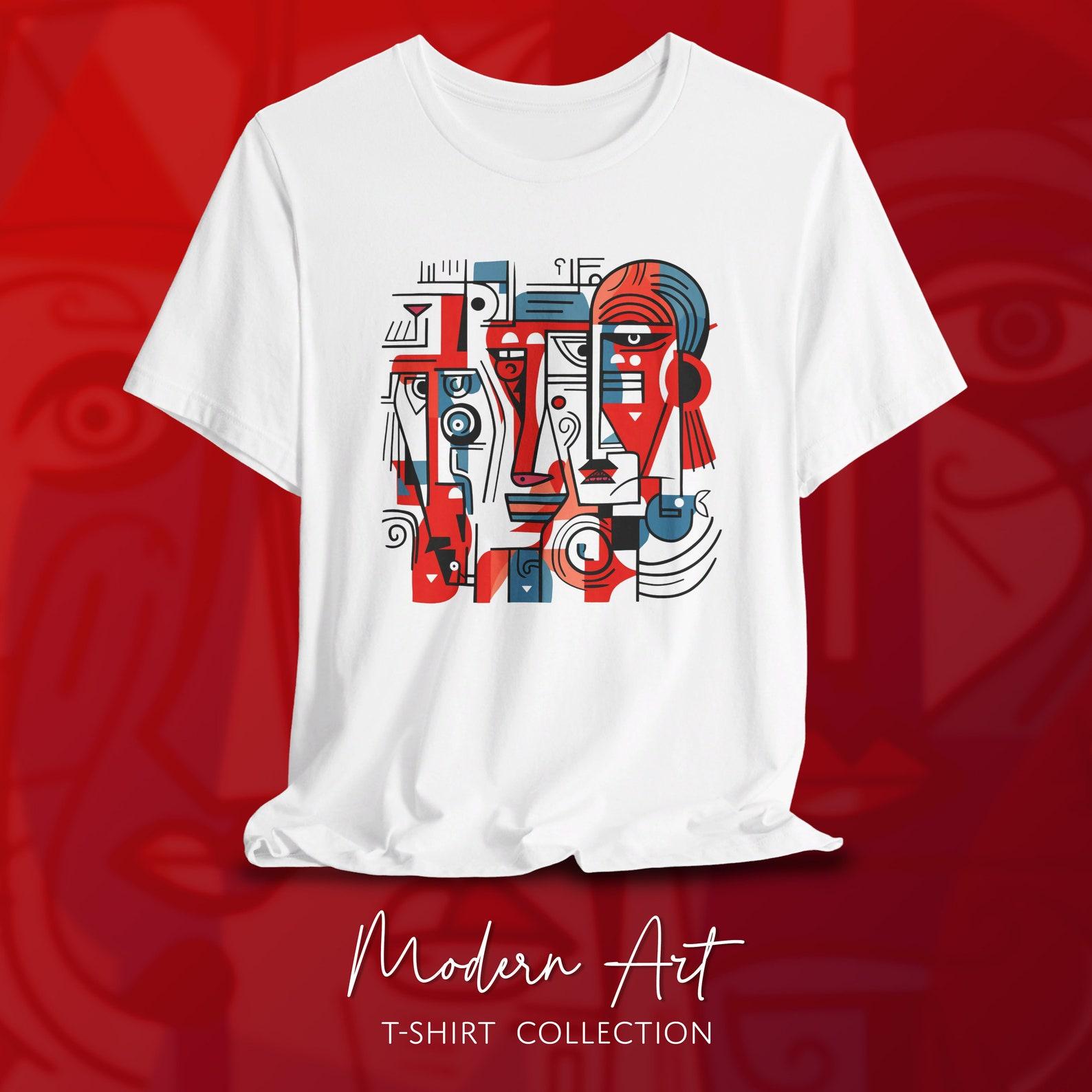 Cubism Art T-Shirt, Red Portrait Graphic Tee M
