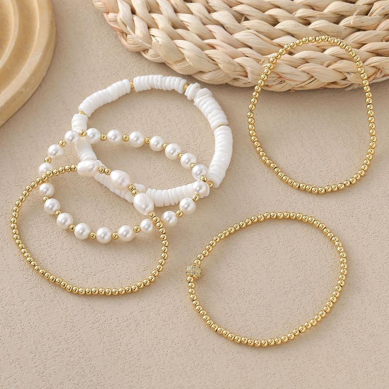 Meier 18k Copper Plated Beaded Elastic Bracelet Imitation Pearl Multi-layered Beaded Bracelet Easiest for Match