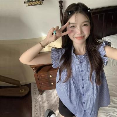 Camisa Xadrez Azul de Manga Curta Pequena Estilo Francês para Design de Verão Feminino, Top Boneca Branco Solto Nicho Sem Mangas