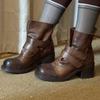 Sheepskin Version ~ Retro High-heeled Boots Women's New Versatile Pleated Velcro Thick-heeled Western Martin Boots Skinny Boots