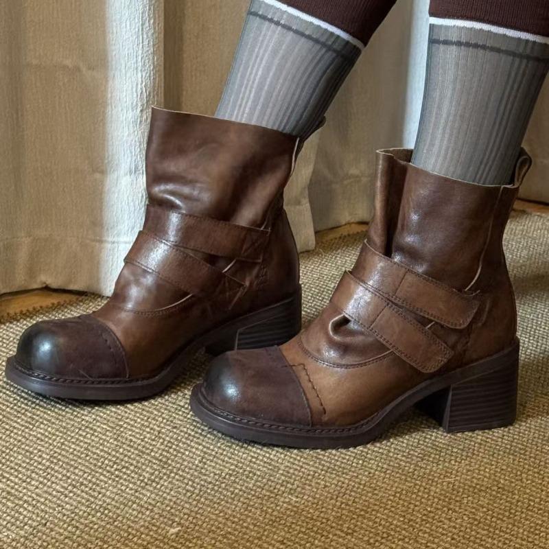 Sheepskin Version ~ Retro High-heeled Boots Women's New Versatile Pleated Velcro Thick-heeled Western Martin Boots Skinny Boots