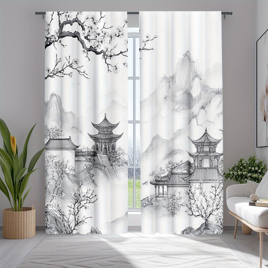 2pcs Asian Red Cherry Blossom Curtains   Traditional Ink Style for Living Room and Bedroom