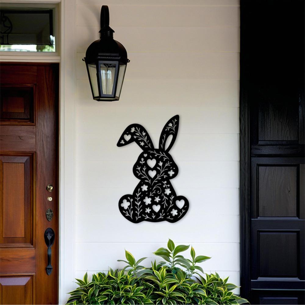 1pc Black Floral Bunny Metal Wall Art, Bohemian Decor for Living Room Bedroom Bathroom Indoor Outdoor, Easter Spring Gift