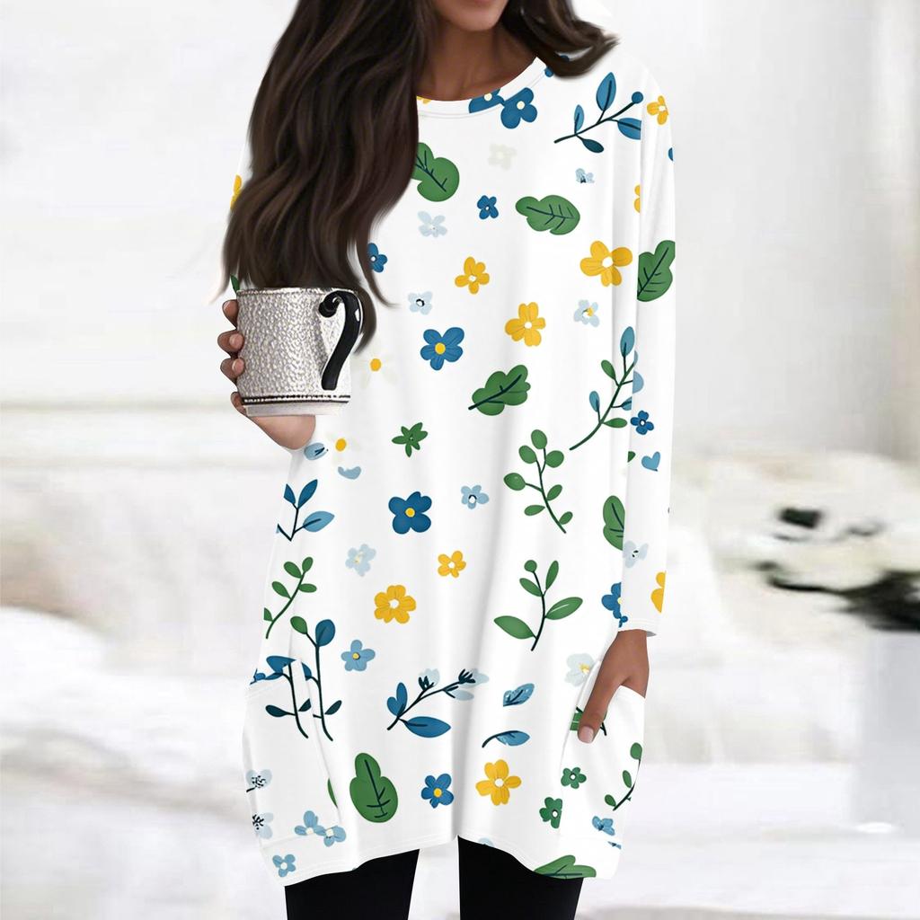Womens Tops Round Neck  Long Sleeve Blouses Casual Mid-length Shirts Fashion Print Tunic Tops With Pockets