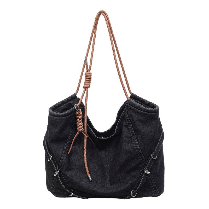 Denim Hobo Tas met Gevlochten Touw Handvat Stijlvolle Dames Schoudertas voor Casual Kleding en Stranduitjes