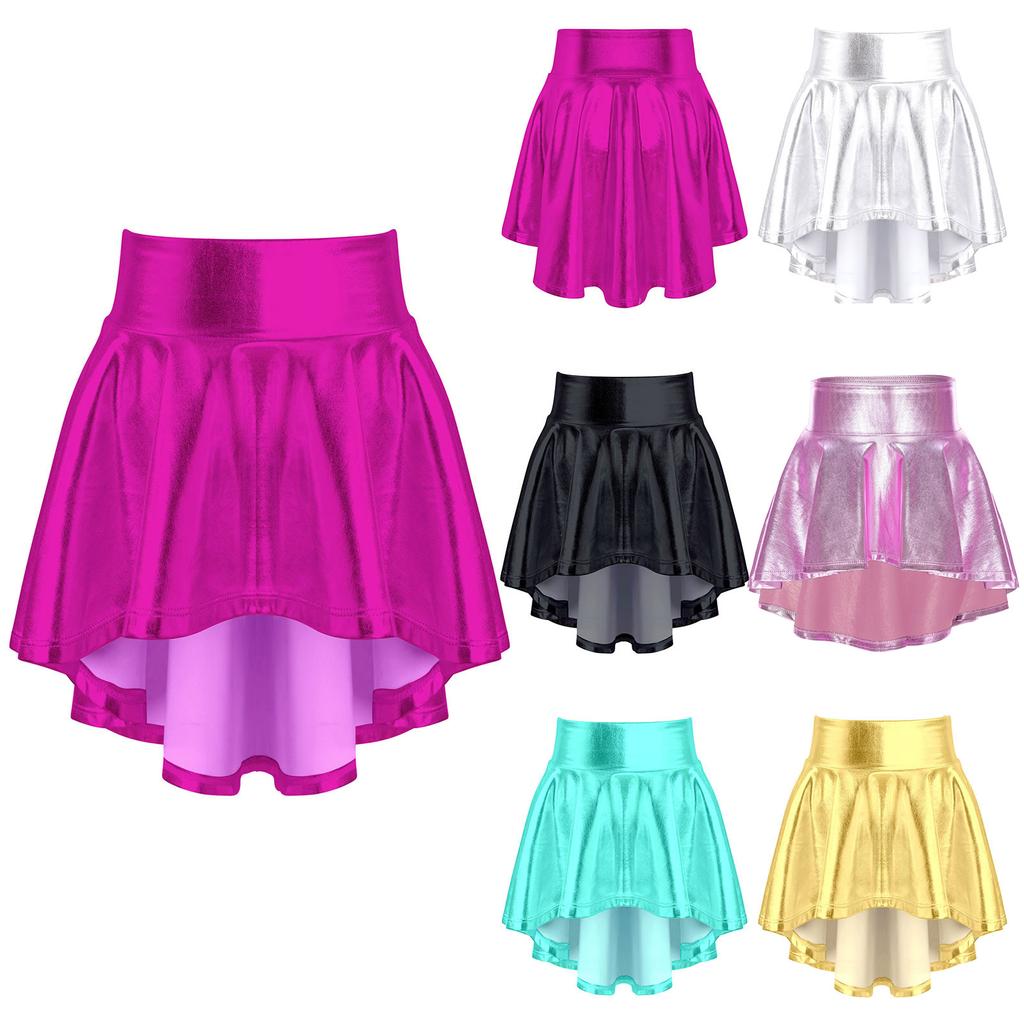 Girls Elastic Waist Ruffle Dance Skirt Bronzing Cloth Irregular Hem Stylish Performance Skirt