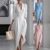 Women's Fashion Autumn Winter Solid Color Print V-Neck Long Sleeve Casual Dresses